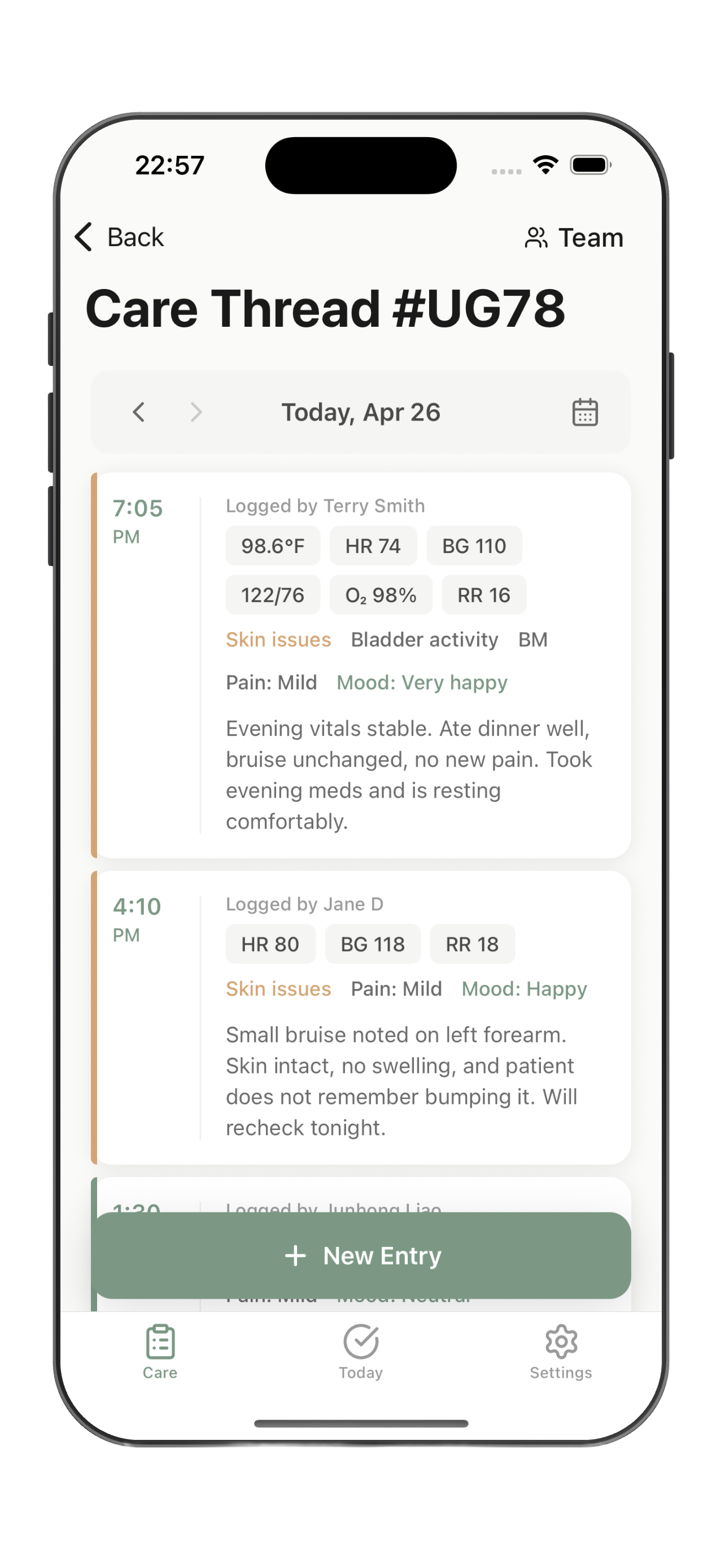 Carethread shared care log screen